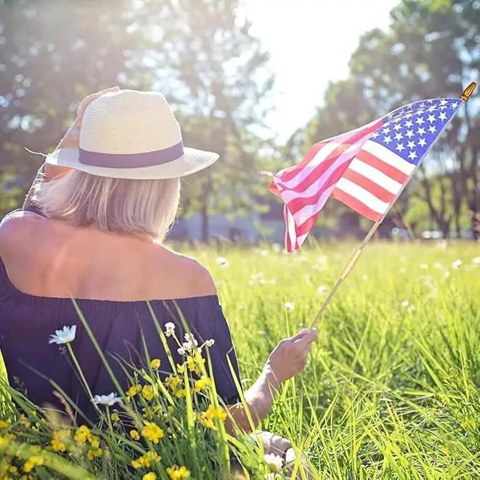 Pack of 50 American Flags with wood Stick, 12x18 Inch US Flags/American Hand Held Stick Flags with Kid-Safe Spear Top, Perfect for Patriotic Decorations, Parades, Veteran Party by GreenHaven Gardens