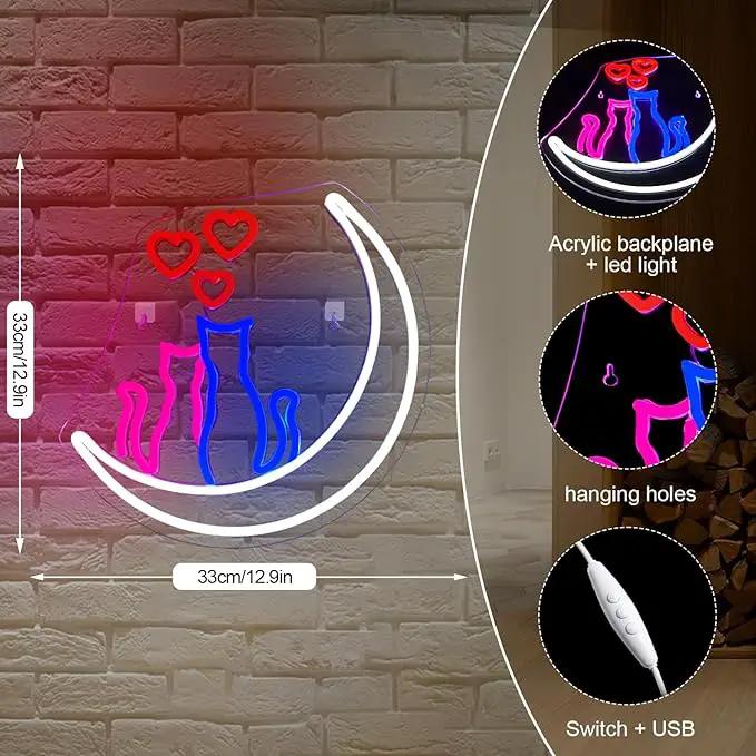 Two Cats on Moon Neon Sign,Cute Couple Kittys Neon Lights for Wall Decor,Kawaii Animal 3D LED Neon,USB Light Up Signs for Girls Bedroom Bar Home Party Valentine's Day Cat Lovers Weddings by GreenHaven Gardens