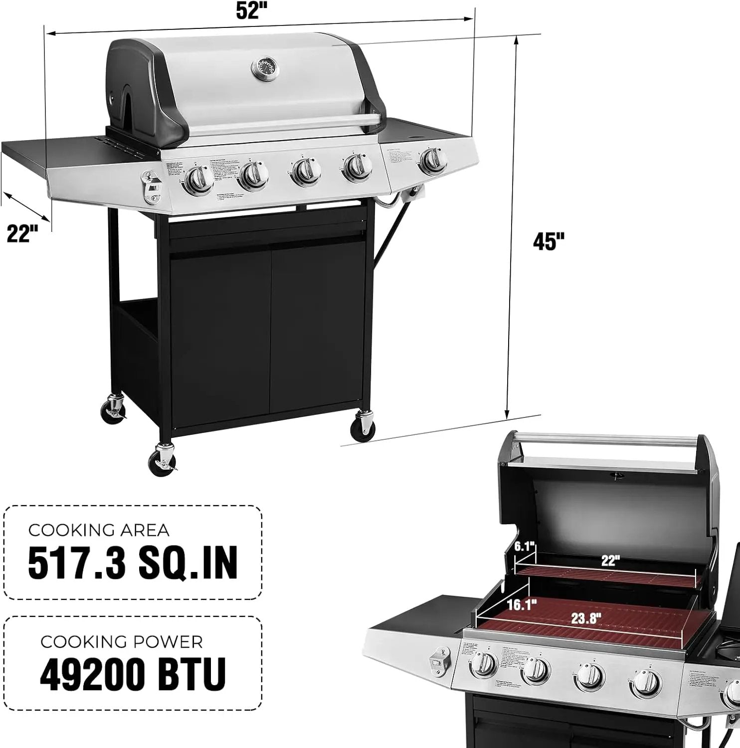 4 Burners Gas Grill with Side Burner, Propane Grill with Wheels and Storage, Outdoor Gas BBQ with Oil Tray and Thermometer for Patio and Party, 49200 BTU by GreenHaven Gardens