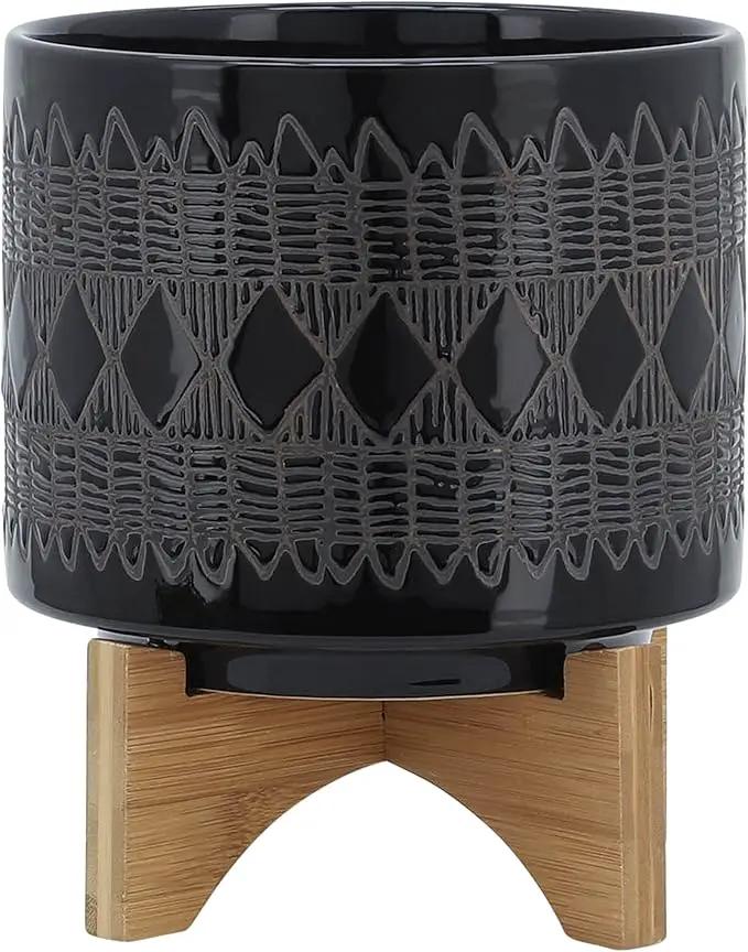 Sagebrook Home Black and Gray Aztec Design Ceramic Planter with Solid Rubberwood Stand for Tabletop Display in Living Room, Bedroom, or Office by GreenHaven Gardens