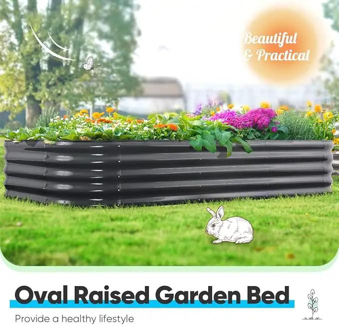 Quictent Galvanized Raised Garden Bed Kit, 8x4x1.5 ft Oval Metal Planter Box Tall for Vegetables Outdoor Backyard, Rubber Strip Edging Included (Dark Gray) by GreenHaven Gardens
