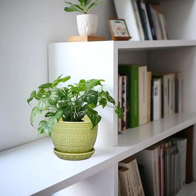 G EPGardening Ceramic Pots for Plants - 5.5 Inch Round Ceramic Planter for Indoor, Boho Succulent Pot with Drainage Hole and Plant Saucer, Gift for Plant Lover, Garden Home Desk Decor, Green by GreenHaven Gardens