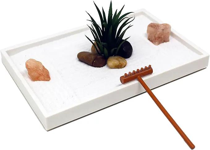Nature's Mark Mini Zen Garden Kit for Desk with White Sand, Rake, White Base, Salt Rock and Air Plant (Rectangle) by GreenHaven Gardens