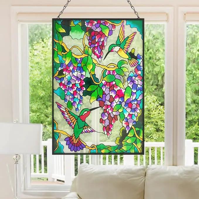 VEWOGARDEN Hummingbird Stained Glass Window Hangings 10" W x 15" H Bird Suncatcher Panel with Chain Windows Hanging Decor Ornament Gift by GreenHaven Gardens