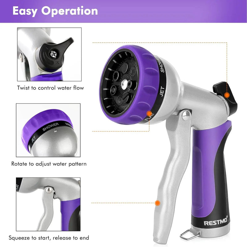 RESTMO Garden Hose Nozzle, Heavy Duty Metal Water Hose Nozzle with 7 Adjustable Spray Patterns, High Pressure Hand Sprayer with Flow Control, Best for Watering Plant & Lawn, Washing Car & Pet, Purple by GreenHaven Gardens