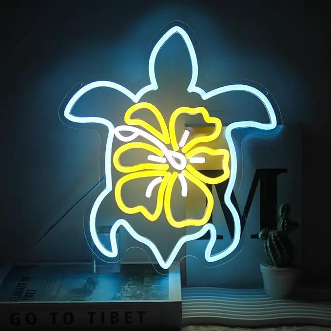 Sea Turtle Hibiscus Neon Signs for Wall Decor Blue Turtle Neon Light Yellow Flower LED Neon Wall Sign Ocean Neon Light Up Sign for Bedroom Living Room Office Decor Sea Turtle Gifts by GreenHaven Gardens