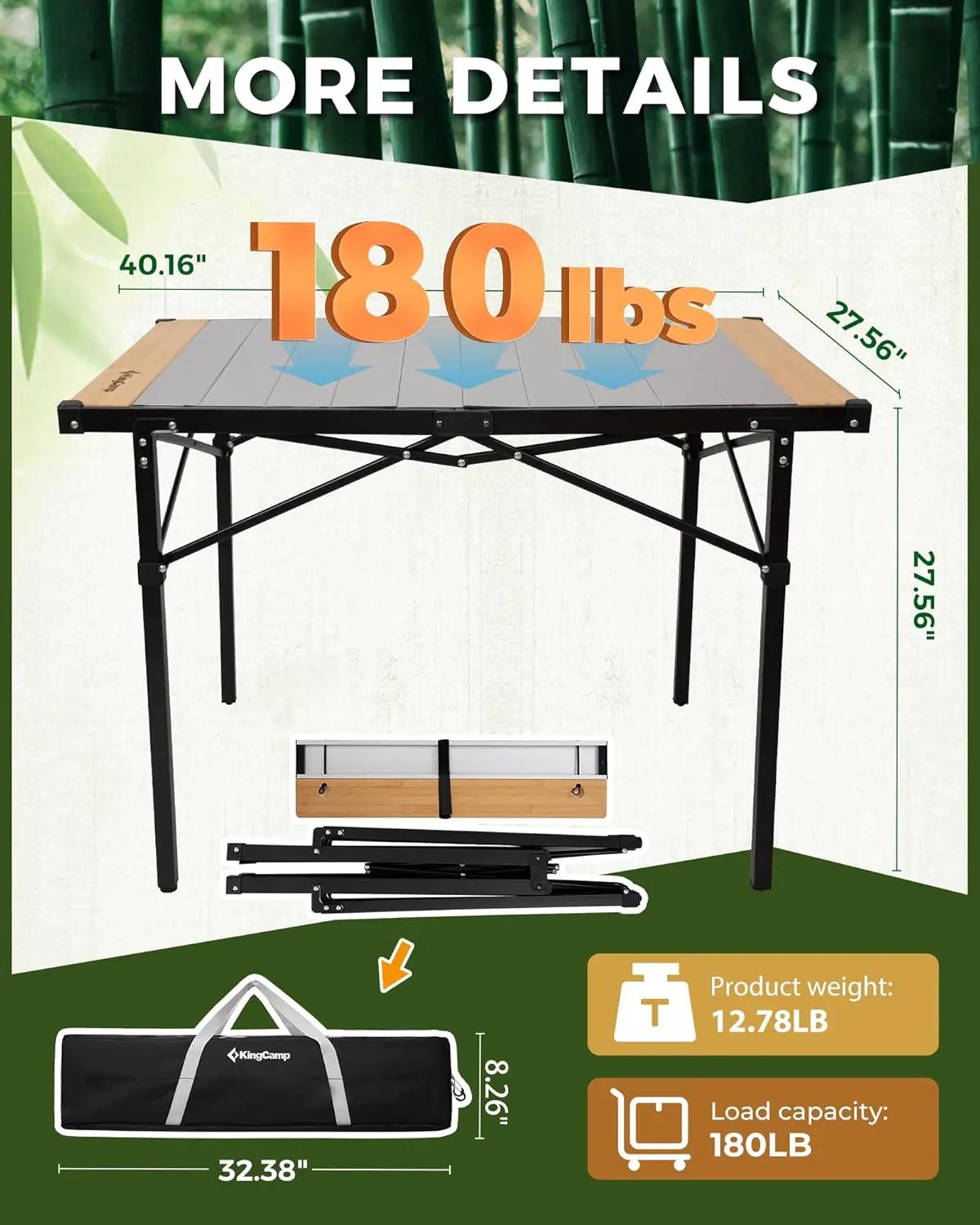 KingCamp Folding Camping Table, Aluminum Roll-Up Camp Table, Large Foldable Table for 2-4 Person, Outdoor Portable Tables with Carry Bag, 180 LBS Heavy Duty Load (Bamboo：40.16“x27.5”，2-4 People) by GreenHaven Gardens