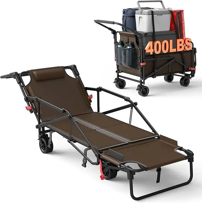 LEVELEVE Heavy Duty Folding Wagon - 2-in-1 Collapsible Cart, 400lb Capacity, All-Terrain Wheels w/Brakes & Side Pockets (Brown) by GreenHaven Gardens