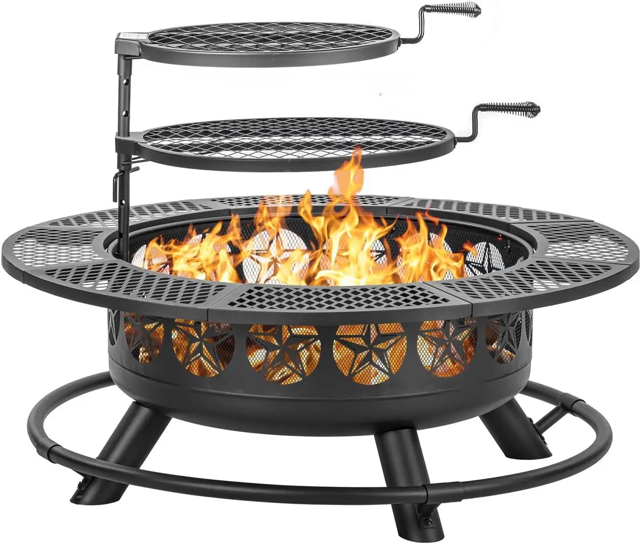 42 Inch BBQ Fire Pit with 2 Grills,3-in-1 Outdoor Round Metal Fire Pit Table with Lid,Fire Poker,Large Outdoor Wood Burning Firepits for Outside,Picnic,Bonfire Backyard Patio(Black) by GreenHaven Gardens