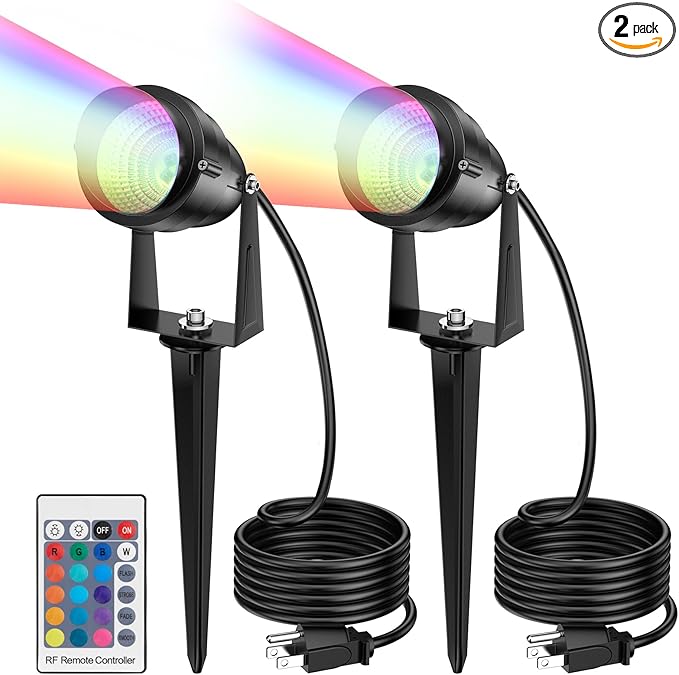 1500LM LED High Brightness Outdoor Landscape Lighting 15W RGBCW Color Changing Landscape Lights Remote Control Spot-Lights with Plug in IP66 Waterproof Flood Light for Garden - 2 Pack by GreenHaven Gardens
