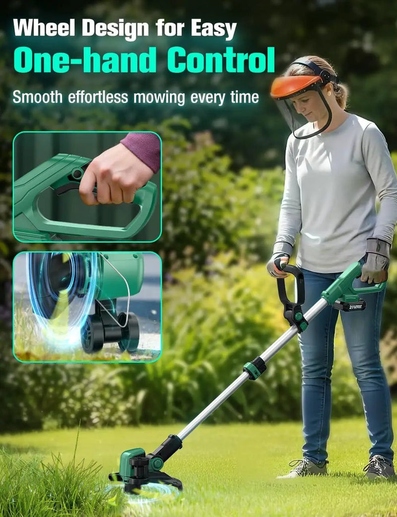 KIMO Cordless Weed Wacker Battery Operated w/ 2 x 2.0Ah Batteries, 2-in-1 String Trimmer & Edger with Charger & Wheels, 10Pcs Cutting Lines, 12" Dual-Sided Cutting Line, 20V Weed Trimmer for Lawn Yard by GreenHaven Gardens