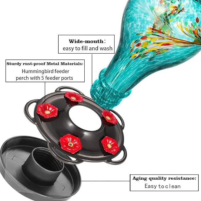 LUJII Hummingbird Feeder, Hand Blown Glass Hummingbird Feeder, Never Fade, 36 Fluid Ounces, 5 Feeding Metal Stations, Much Bigger, Garden Backyard Decorative, Containing Ant Moat (Blue) by GreenHaven Gardens
