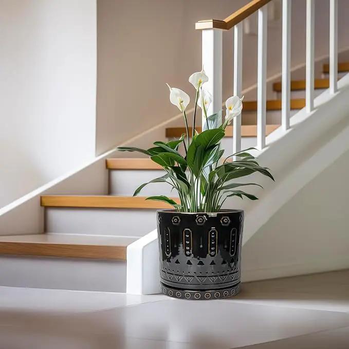 Ceramic Pots for Plants - 12 Inch Large Planter with Drainage Hole and Saucer, Ceramic Flower Pots for Indoor Outdoor, Boho Round Planter, Patio Decor, Gifts for Plant Lover, Black by GreenHaven Gardens