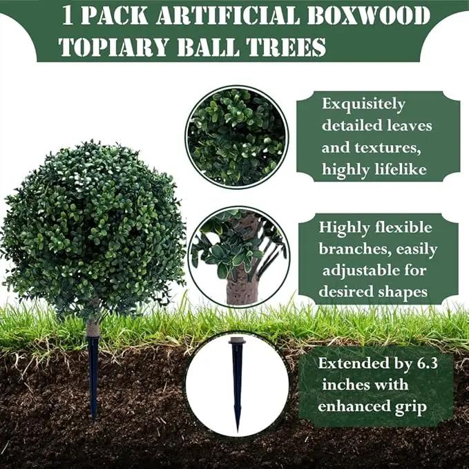 23.6 Inches Artificial Boxwood Topiary Ball Trees for Outdoor with Ground Spike, Faux Bushes UV Resistant Faux Greenery Shrubs, Fake Boxwood Plants for Indoor, Front Porch Decor, Garden, Yard by GreenHaven Gardens