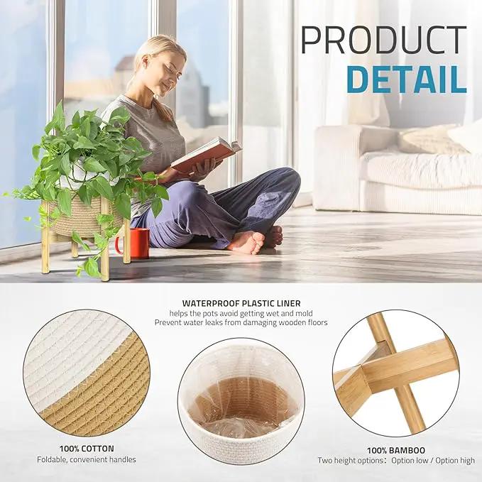 PAULINN Plant Basket with Stand 11" x 11", Woven Basket with Bamboo Plant Stand, for Indoor Plant, Fits Up to 10 Inch Plant Pots, White and Beige by GreenHaven Gardens