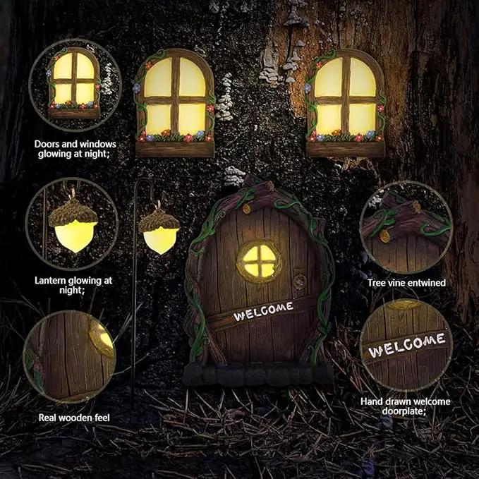 Resin Fairy Door & Window Set with Glow in The Dark Windows, Miniature Sculpture for Trees, Outdoor Decor Accessories by GreenHaven Gardens