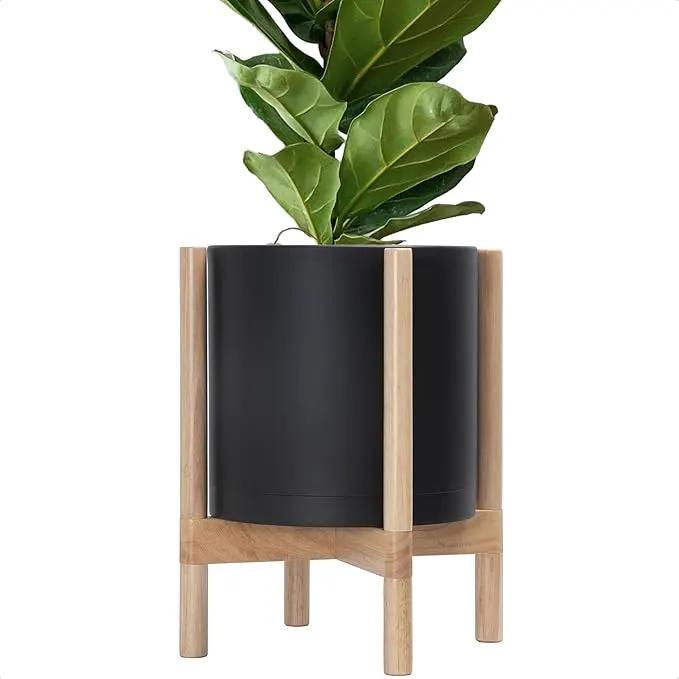 D'vine Dev Planter Pot with Stand - 12 Inch Plastic Cylinder Flower Pot with Wood Planter Holder for Indoor, Matte Black Pot + Natural Stand, 55-C-P-2 by GreenHaven Gardens
