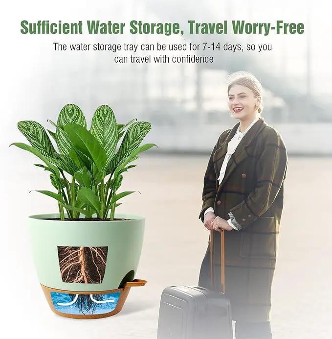 WOUSIWER 10 inch Self Watering Planters, 2 Pack Large Plastic Plant Pots with Deep Reservior and High Drainage Holes for Indoor Outdoor Plants and Flowers, Green with Terracotta by GreenHaven Gardens