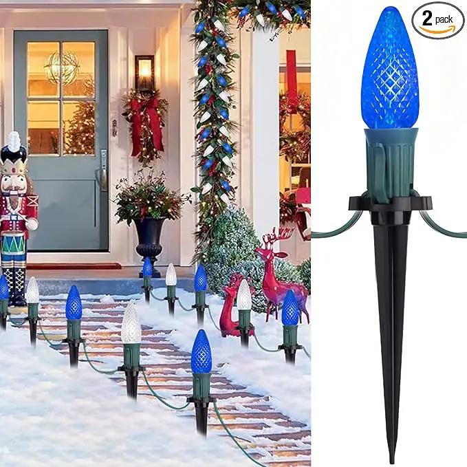 Christmas Pathway Lights Outdoor, 2 Pack 26 Ft 20 LED C9 Strawberry String Lights with Stakes, Connectable Waterproof Outside Christmas Lights Marker for Path, Lane, Patio Decor, Blue & Pure White by GreenHaven Gardens