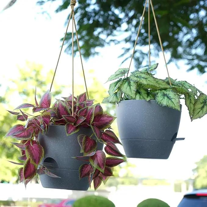 10 Inch Self Watering Hanging Pots, 2 Pack Hanging Planters with 40oZ Deep Reservior for Indoor Outdoor Plants Flowers, Grey by GreenHaven Gardens