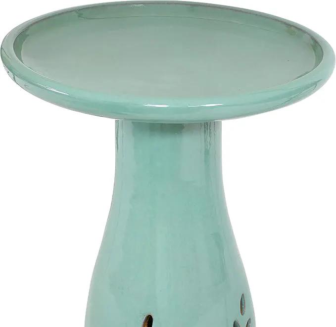 Sunnydaze 21" H Ceramic Bird Bath for Outside - Hand-Painted Outdoor Bird Bath Bowl, UV/Frost-Resistant Finish - Seafoam - Cut Out Pedestal by GreenHaven Gardens