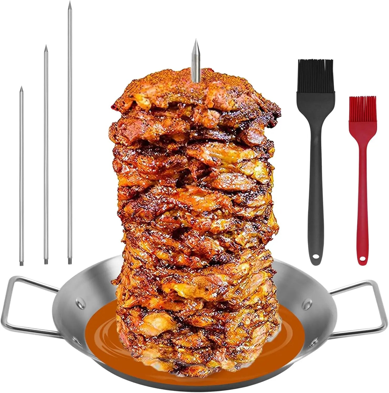 Al Pastor Skewer for Grill, Stainless Steel Vertical Skewer, Brazilian Vertical Spit Stand with 3 Removable Spikes(8”/10"/12”)& Brushes, for Tacos Al Pastor, Shawarma Kebabs Smoker Oven BBQ Dishes by GreenHaven Gardens