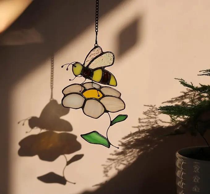 Bee Suncatcher Flower Stained Glass Window Hangings, Bee Decor Party Birthday Bee Gifts for Women,Bee Lovers, Housewarming Gifts. by GreenHaven Gardens