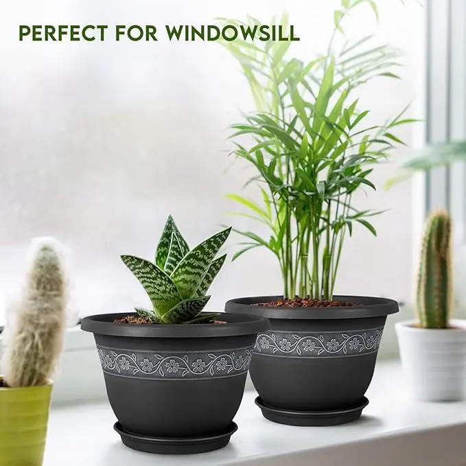 8 Inch Plant Pots with Drainage Hole - Lightweight Flower Pots for Herbs and Flowers - Home Decor Plastic Planters for Indoor Outdoor Plants- Pack of 6 (Black, 8 inch) by GreenHaven Gardens