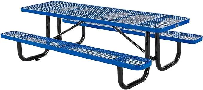 Global Industrial 8’L Rectangular Picnic Table, Expanded Metal, Blue Thermoplastic Coating, Attached Benches, 1-1/2” Umbrella Pole Hole, Outdoor-Rated, 1000 lb Capacity, 96” x 30” Tabletop by GreenHaven Gardens