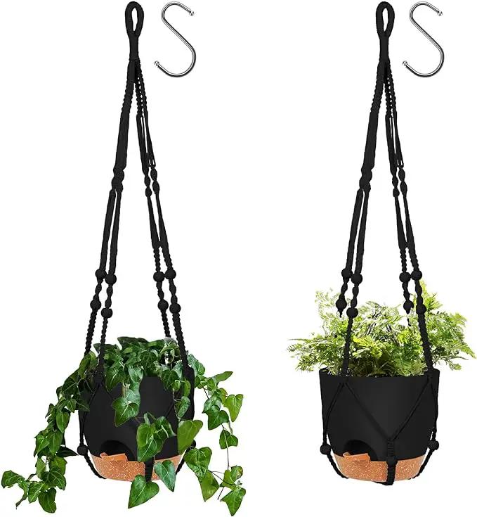 GARDIFE 8 Inch Hanging Planters with Macrame Plant Hanger for Indoor and Outdoor Plants, 2 Pack Large Self Watering Hanging Plant Pot with Basket Flower Pot with Drainage Hole, Black by GreenHaven Gardens