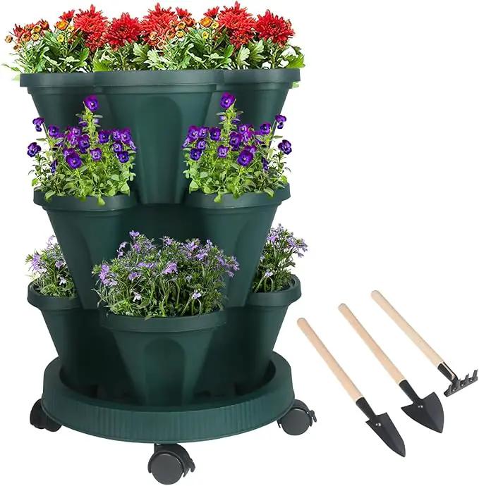 Vertical Planter 3 Tier Stackable Planters Garden Planters Strawberry Herb Flower and Vegetable Planter Indoor Outdoor Gardening Pots with Removable Wheels and Tools by GreenHaven Gardens