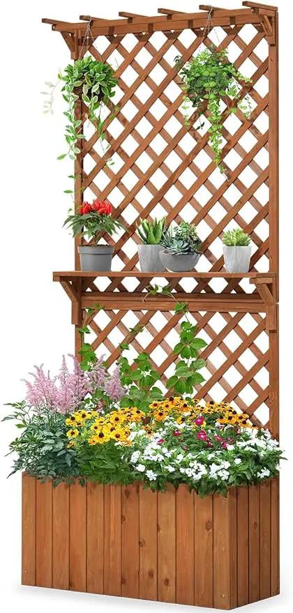 Quictent Raised Garden Bed Wood Planter Box with Lattice Trellis for Vine Climbing Plants Flower Free-Standing, for Patio Garden Indoor Outdoor 29x12x70 in by GreenHaven Gardens