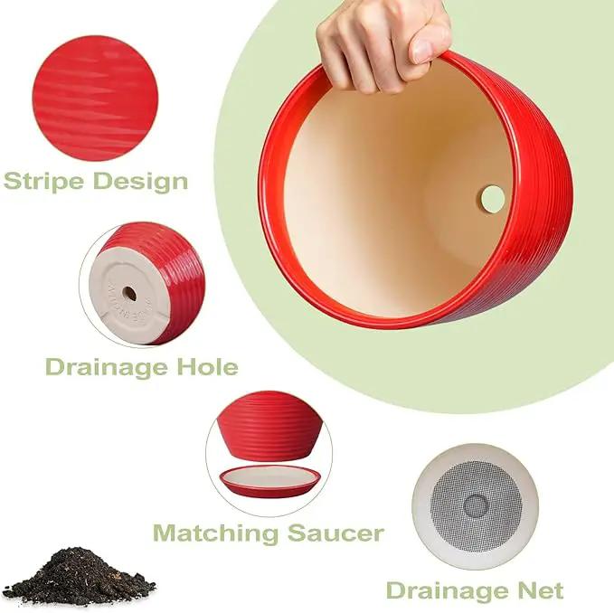 Ceramic Planter 10 Inch - Ceramic Pot for Plants Large Plant Pot Indoor with Drainage Hole and Saucer Round Outdoor Planter Modern Flower Pot for Garden House Red by GreenHaven Gardens