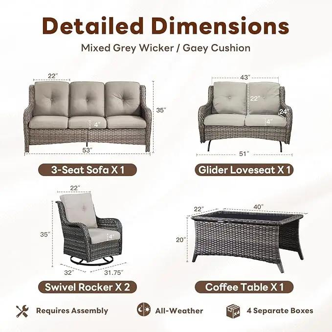 5 Piece Outdoor Patio Furniture Set - Outdoor Conversation Couch and Loveseat Glider Chair Furniture Set with Rattan Coffee Table for Deck Balcony Poolside Gray Wicker/Grey Cushions by GreenHaven Gardens