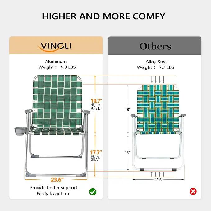 VINGLI Folding Webbed Oversized Lawn Chairs with Detachable Cup Holder, 300 LBS High Beach Chair for Adults Heavy Duty, Portable Aluminum Patio Chair for Yard, Garden, 2 Pack,Dark Green by GreenHaven Gardens