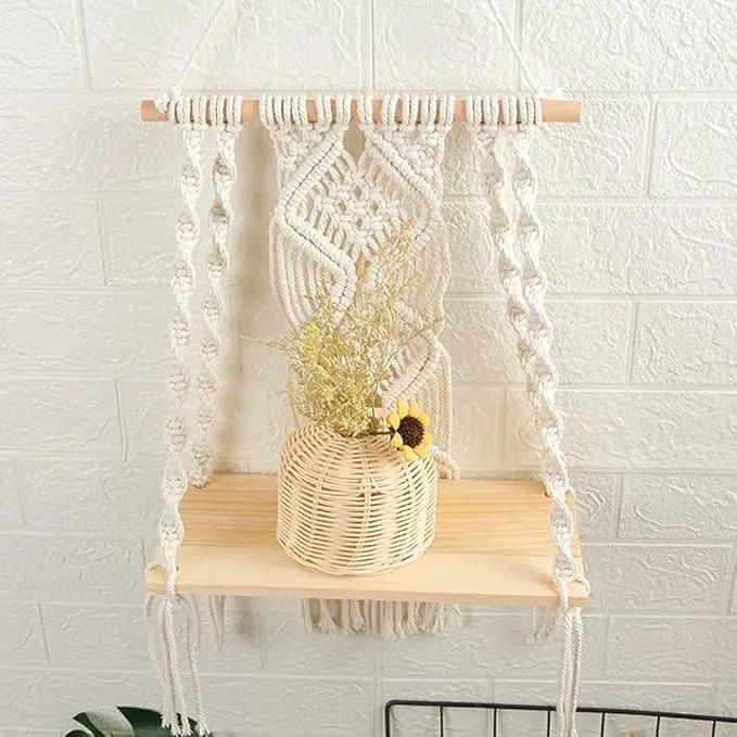 Mong Handmade Macrame Wall Hanging Shelf, Boho Indoor Rope Plant Pot Basket Hanger Holder, Rope Plant Hanger for Wall Decor Indoor Outdoor by GreenHaven Gardens