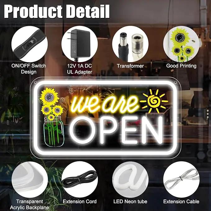 Neon We are Open Signs for Business, 16.5x9'' Open Sign with Printed Flower and Sun, with ON/OFF Switch & Adapter, Daylight White, Ideal for Window, Party, Wall, Bars, Coffee Shops, Salons, Clubs, Hotels by GreenHaven Gardens