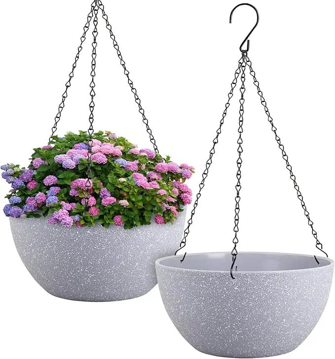 12 inch Large Hanging Planters for Indoor Outdoor Plants, 2 Pack Hanging Flower Pots with Drainage Holes and Chain for Garden Porch, Plastic Hanging Baskets for House Plants, Speckled Grey by GreenHaven Gardens