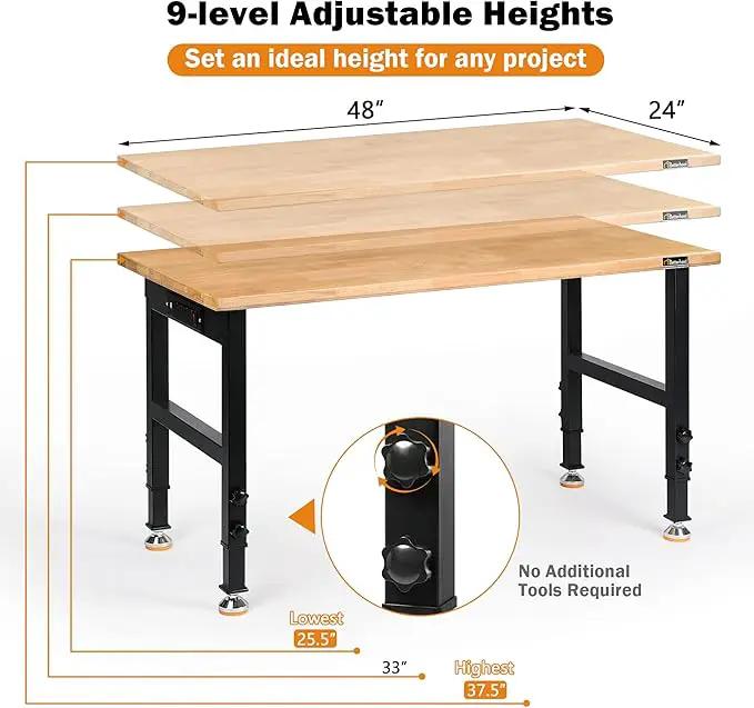 Adjustable Height Workbench, 48" Rubber Wood Top Heavy Duty Workstation with Power Outlets, 2000 LBS Load Capacity Hardwood Worktable for Workshop, Garage, Office, Home, Commercial by GreenHaven Gardens