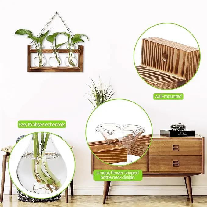Plant Propagation Station Plant Terrarium Unique Birthday Gifts for Women Plant Lovers Home Office Decor Planter with Wooden Stand - 3 Bulb Glass Vase by GreenHaven Gardens