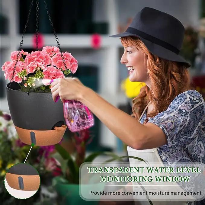10 Inch Hanging Planters for Indoor Plants, 2 Pack Self Watering Hanging Baskets Flower Pots with Drainage Hole, Visual Reservoir & 2 Kinds of Plant Hanger for Outdoor Garden Home Decor by GreenHaven Gardens