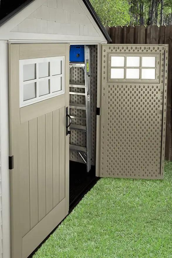 Rubbermaid 7 Foot by 7 Foot Weatherproof Outdoor Storage Shed for Garden Tools and Lawn Machinery Organization with Lockable Double Door Sandstone by GreenHaven Gardens