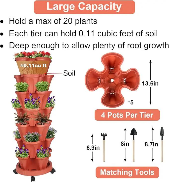 Vertical Planter 7 Tier Stackable Planters Garden Planters Strawberry Herb Flower and Vegetable Planter Indoor Outdoor Gardening Pots with Removable Wheels and Tools by GreenHaven Gardens