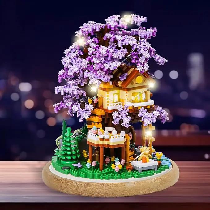 DIY Flower Building Toy Sets Miniature Cherry Blossom Tree House Building Kit, Purple & Yellow Sakura Flowers, Building Blocks Set for Adults & Girls - Bonsai Tree Model with Dust Cover by GreenHaven Gardens