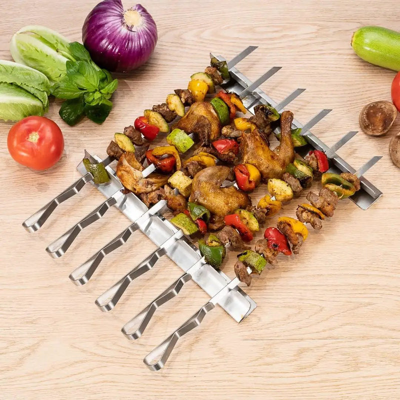 Restaurantware Met Lux 16.9 Inch Barbecue Skewers With Racks 8 Piece Heavy-Duty Shish Kabob Skewer Set - Brings 6 Skewers Includes 2 Grill Racks Stainless Steel Grilling Skewer Set Reusable by GreenHaven Gardens