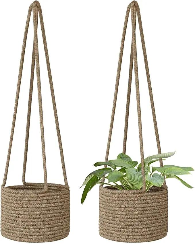 Flexzion Hanging Plant Basket, Boho Cotton Rope Basket Indoor Hanging Planter, Up to 7" Flower Pot, Macrame Woven Modern Plant Holder, Storage Bin Organizer, Home Decor with 20" Hanging Rope, Brown by GreenHaven Gardens