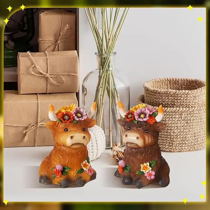 2 Pack Highland Cow Solar Lights Outdoor Garden Gnome Statues Resin Lamp Decor Waterproof Stake Lights Highland Cow Gifts for Yard Patio Lawn Decor by GreenHaven Gardens