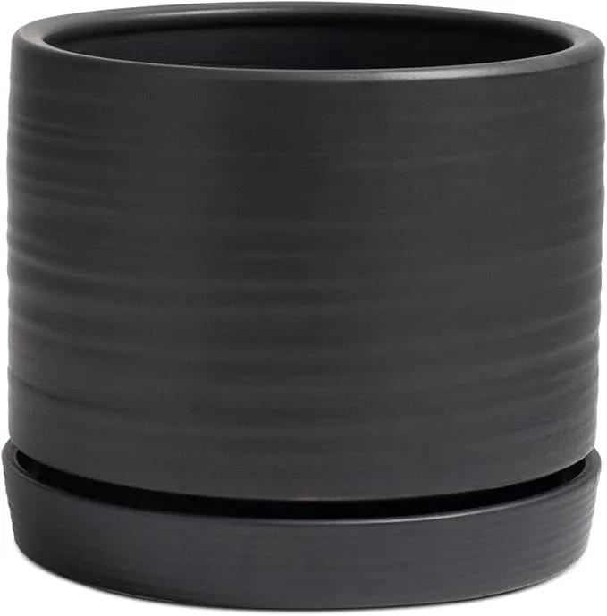 8 Inch Pots for Plants, Ceramic Planter Pot with Drainage Hole & Saucer, Indoor/Outdoor Cylinder Round Planter Pot, Matte Black by GreenHaven Gardens