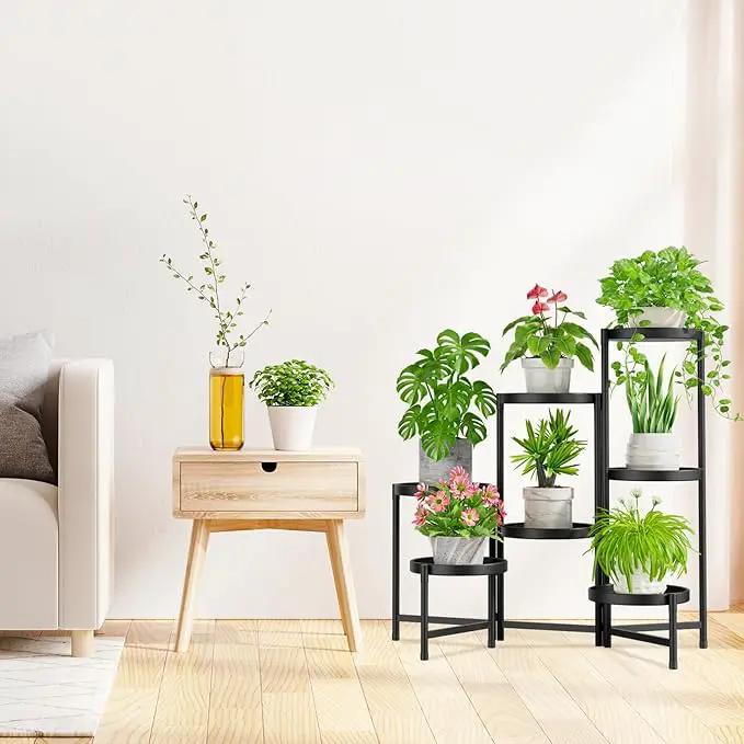 iDavosic.ly 7 Tier Large Plant Stand Indoor with 10 Inch Wide Tray, Tiered Corner Metal Outdoor Flower Display Holder Shelf, Folding Tall Rack for Patio Porch Living Room, Modern Black by GreenHaven Gardens