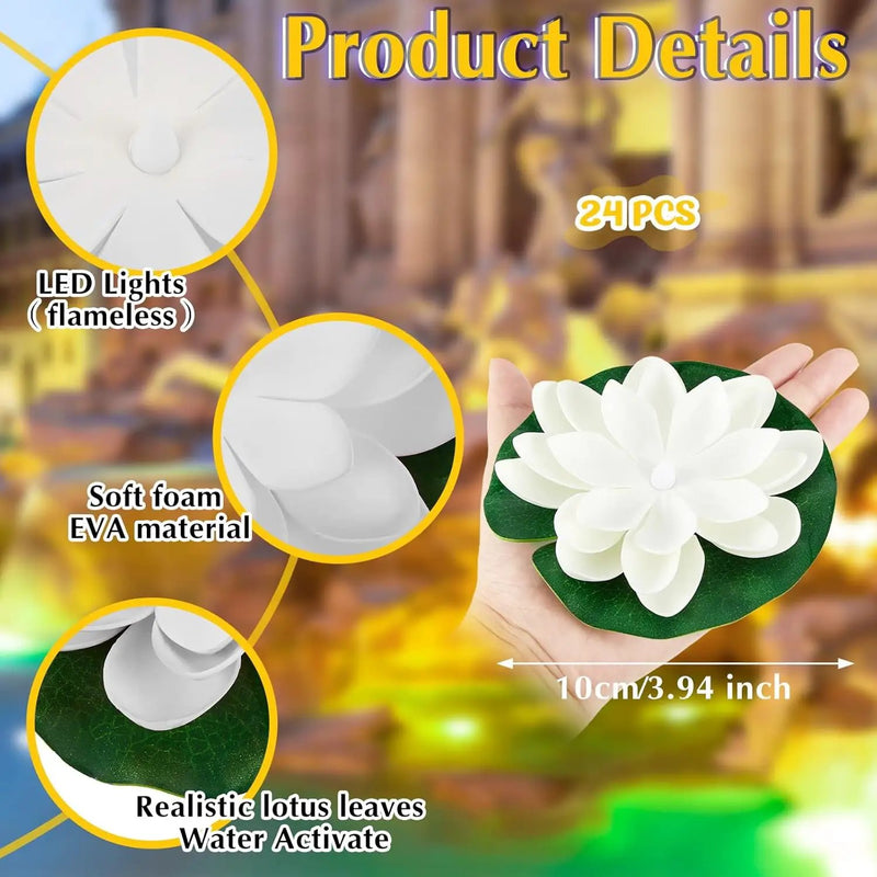Liliful 24 Pcs Diwali Lotus Decoration Pool Floating Lights, Artificial Flowers Lotus with LED,Lily Pads Water Lantern for Indian Puja Home Decoration(3.94 Inch,White) by GreenHaven Gardens